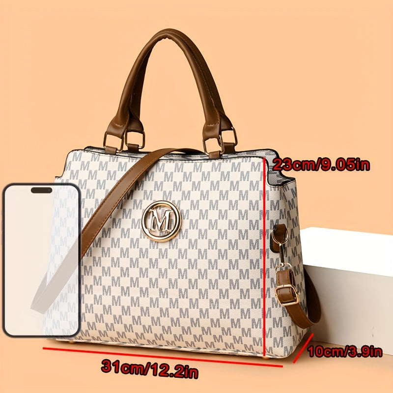 Sac rétro Pied-de-poule femmes blanc et marron logo doré M bandoulière réglable élégant