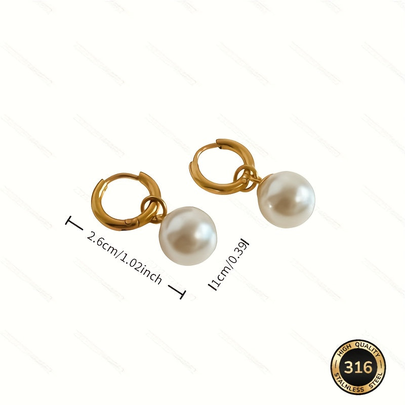 Boucles d’oreilles rétro françaises – pendentif perle imitation, acier inoxydable, hypoallergénique et anti-décoloration, confortables, couleur beige clair, adaptées au quotidien, mariages, Saint-Valentin, cadeau pour femme