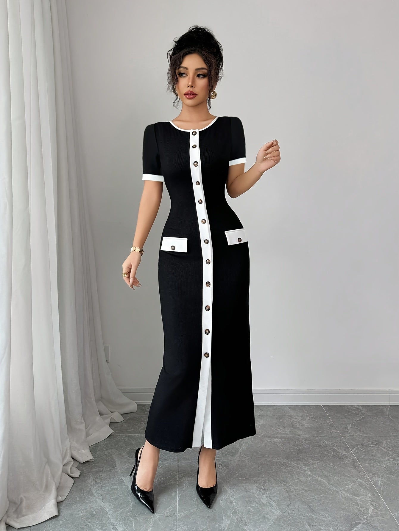 Elegant Casual Front Button Western Color-Trimmed Women's Dress