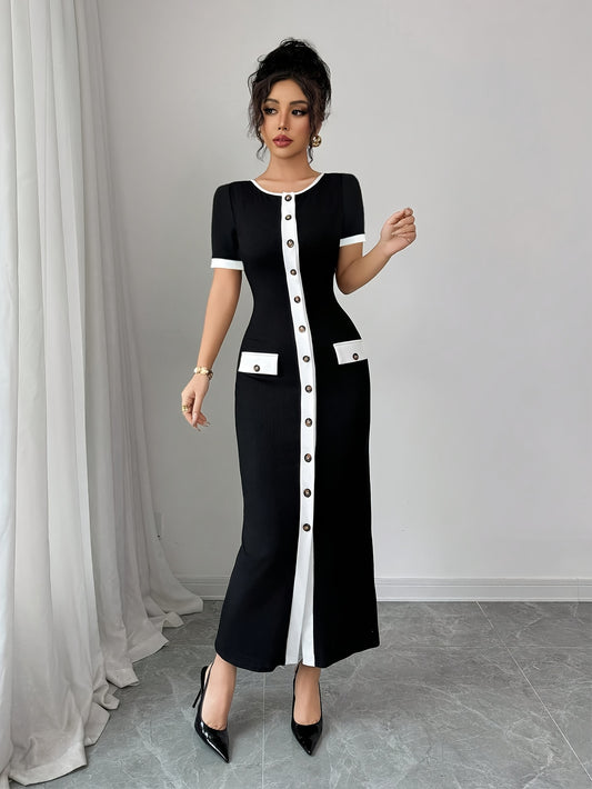 Elegant Casual Front Button Western Color-Trimmed Women's Dress