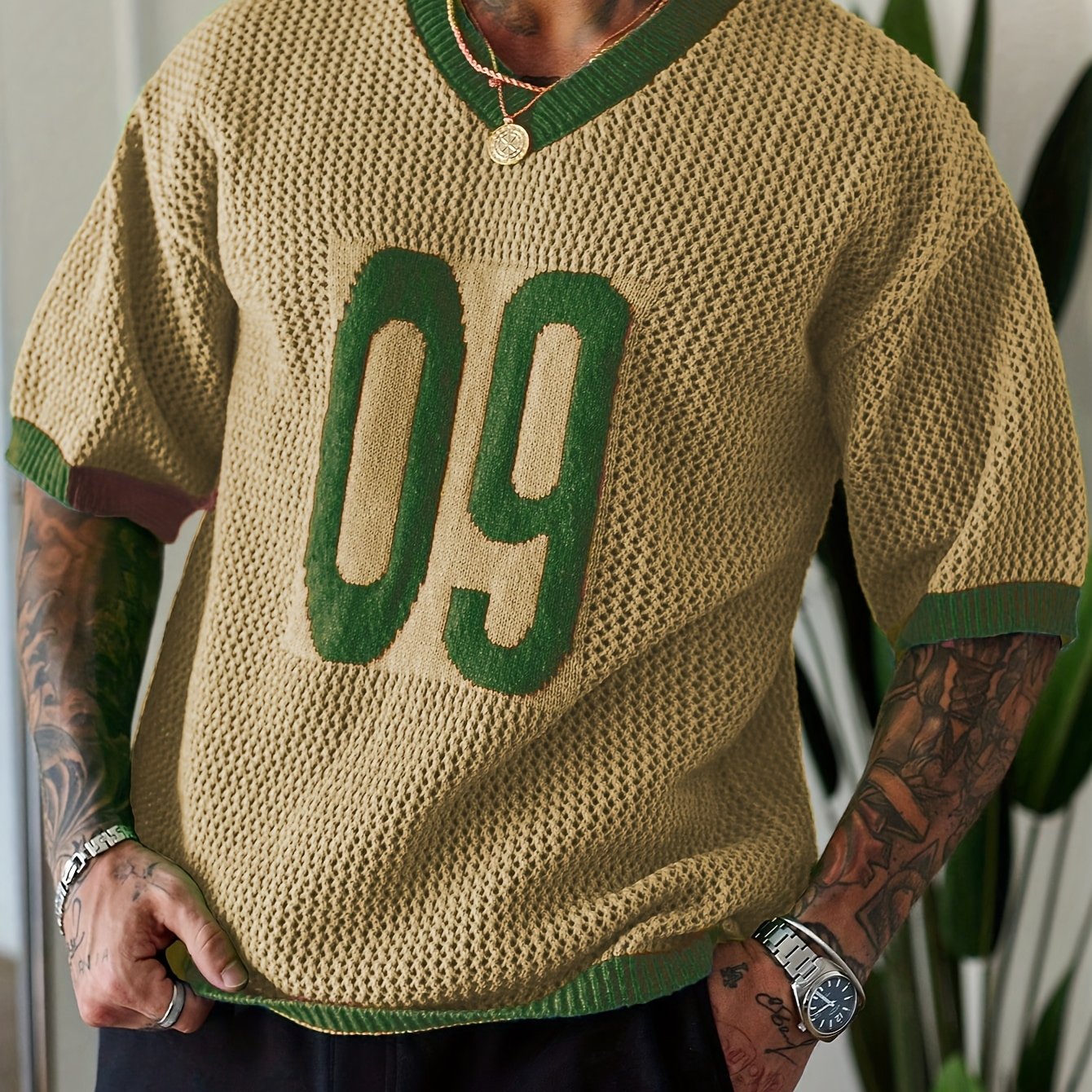 Men's Street Style Contrast Color V-Neck Numeral Print Raglan Knitted Pullover Men Jersey Knit Top Men Men Vacation Men Knit Tops Men Jersey