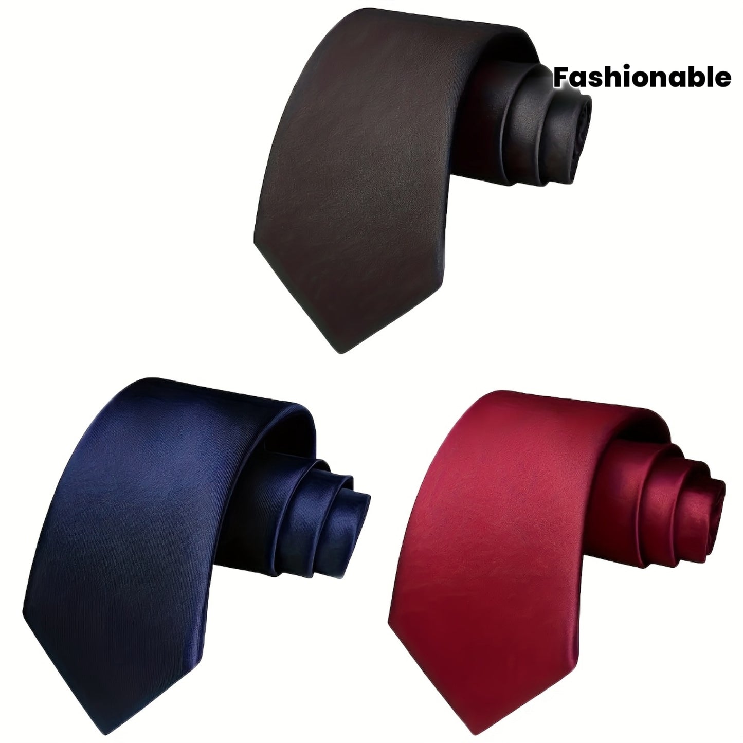 Lot de 3 Cravates Homme – Noir, Bleu Marine, Bordeaux, Style Slim Brillant