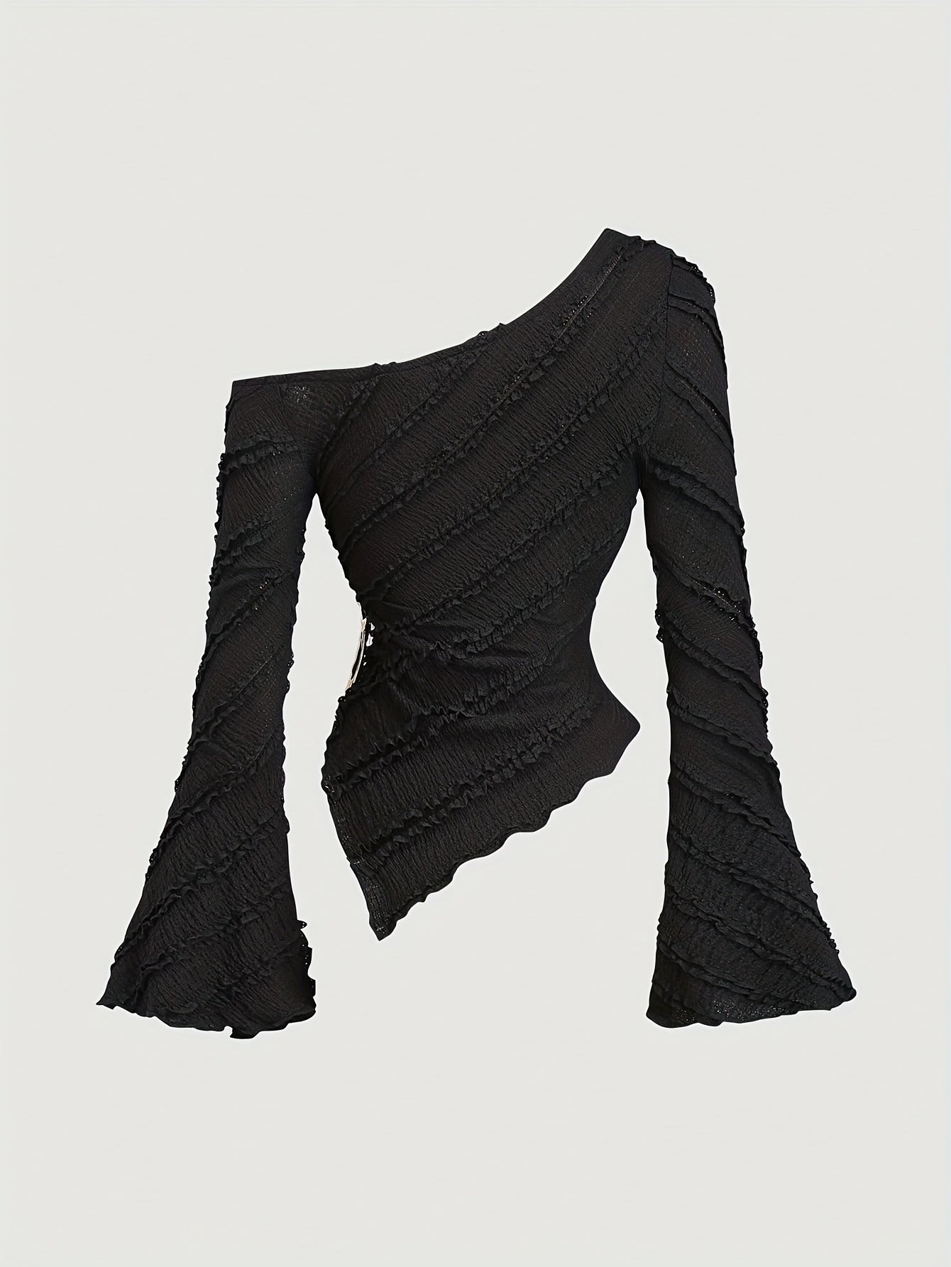 Blouse asymétrique manches cloche pour femmes – col avec boutons métal, semi-transparente, anti-froissement, adaptée toutes saisons, tenue professionnelle décontractée à formelle