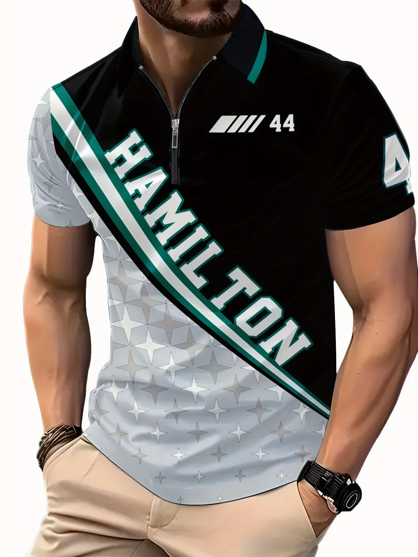 Men's 3D Digital Print Racing Shirt - Summer Short Sleeve with Zipper Collar, Striped Design & Bold '44' Graphic, Breathable Machine-Washable Fabric for Casual & Sporty Style, Summer Outfit, Comfortable Fit