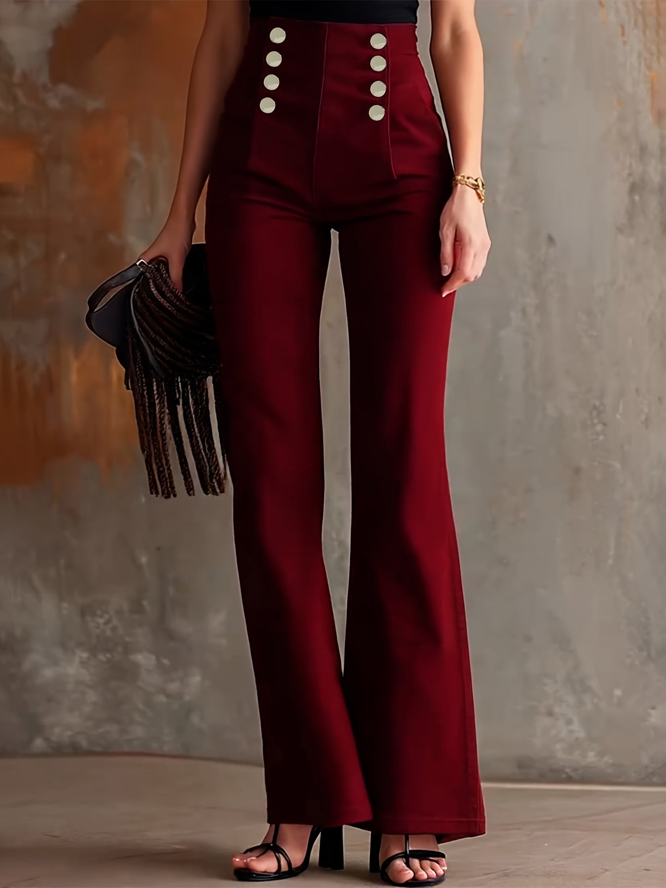 Pantalon Femme Bordeaux – Jambe Large, Taille Haute avec Boutons Blancs, Cheville Effilée, Tous Saisons