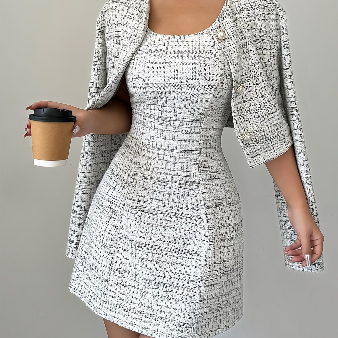 Ensemble chic femme – Mini-robe A-line en tweed + veste boutonnée, style coréen, look élégant