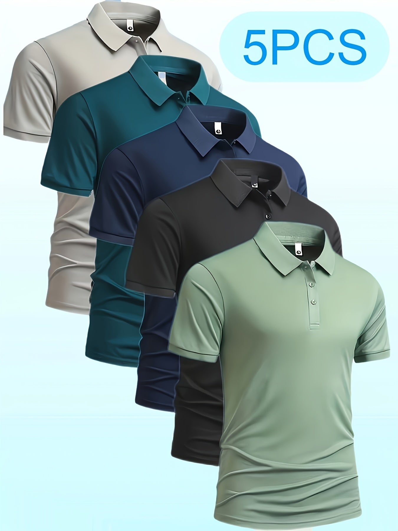 5pcs Men'S Polo Shirts - Elegant Solid Color, High-Quality Fabric, Short Sleeve, Button-Up Collar, Regular Fit, All-Season Wear for Business, Travel, Work, Dates, Home & Golf, Golf Attire | Stylish Polo Set | Durable Fabric