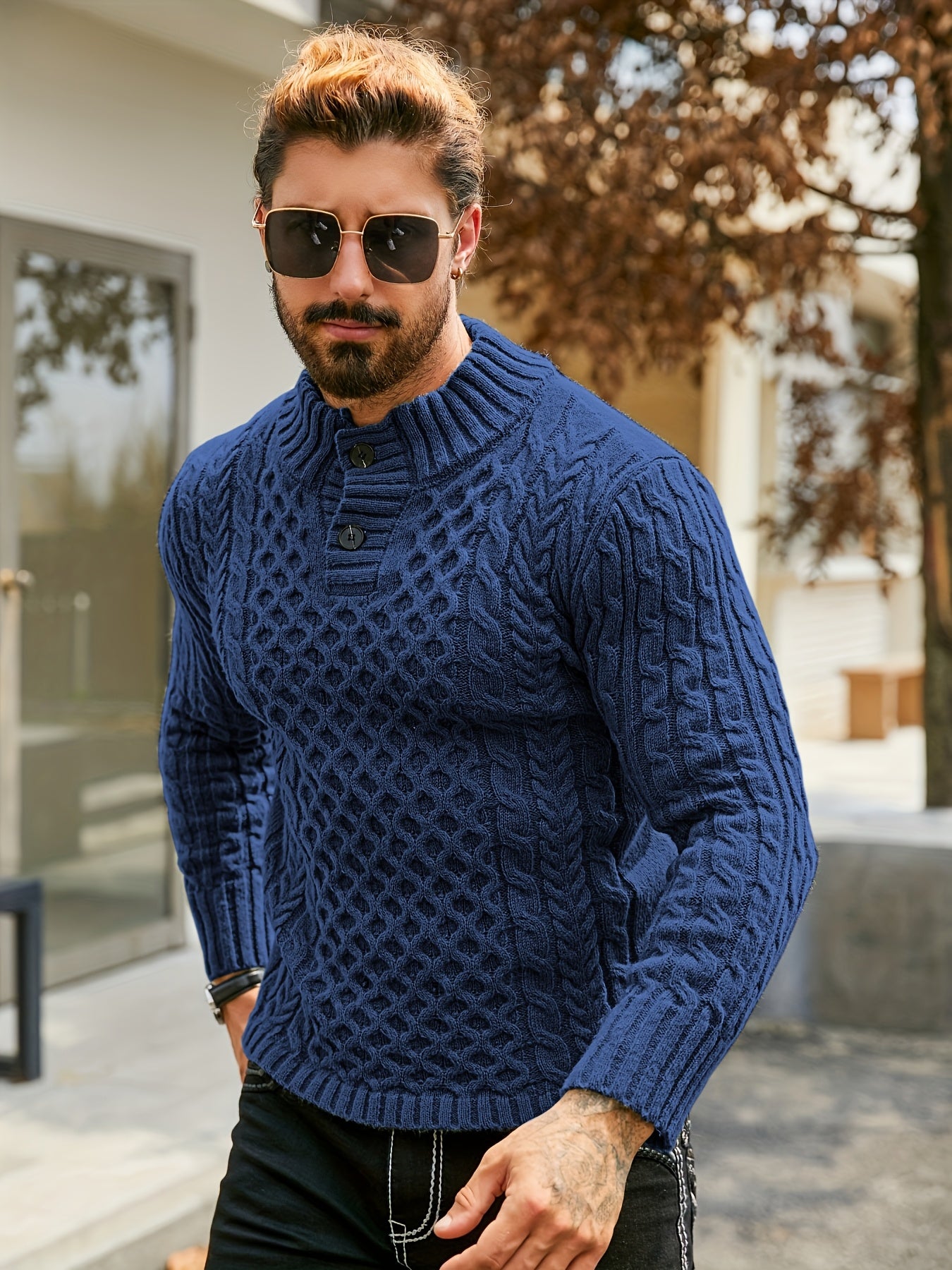 Men's Thermal Stand Collar Cable Knit Sweater - Striped H-Shape Regular Fit Pullover, Machine Washable Winter Sweater with Ribbed Detailing for Autumn & Winter, Knit Sweater, Medium Elasticity Fabric