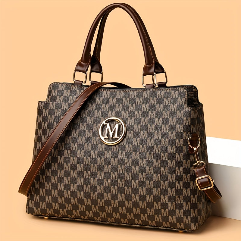 Sac rétro Pied-de-poule femmes blanc et marron logo doré M bandoulière réglable élégant