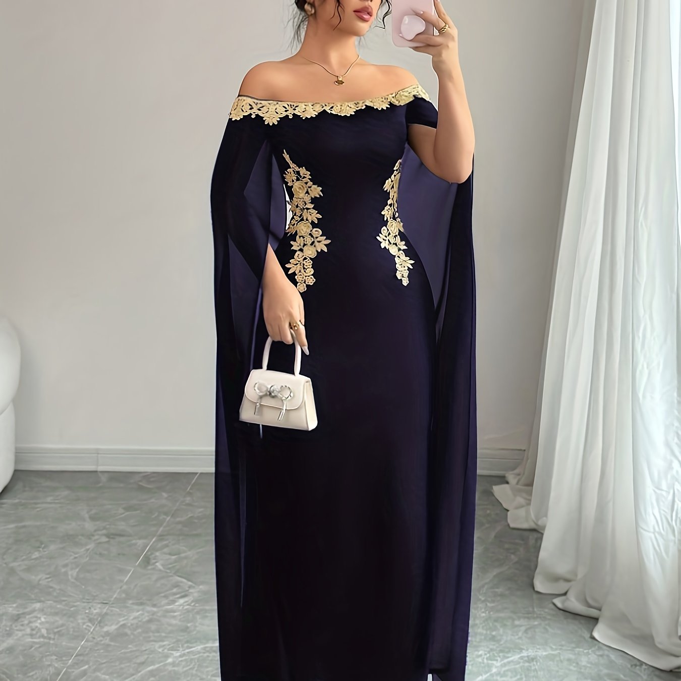 Sexy, Elegant and Versatile Daily Wear Golden Floral Embellished Off-Shoulder Sheer Cape Fitted Waist Golden Appliqué Long Mermaid Hem Bodycon Dress
