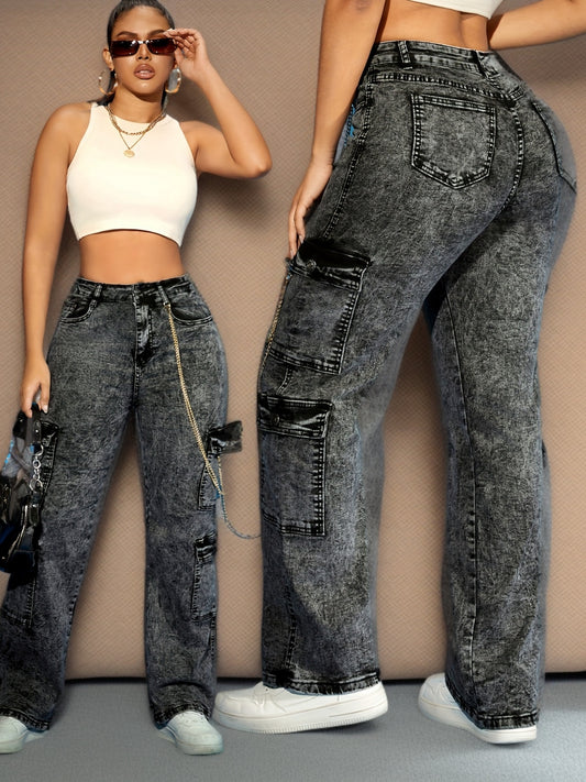 Pantalon cargo en denim vintage pour femme - Coupe droite, couleur unie et très élastique, multiples poches, fermeture boutonnée