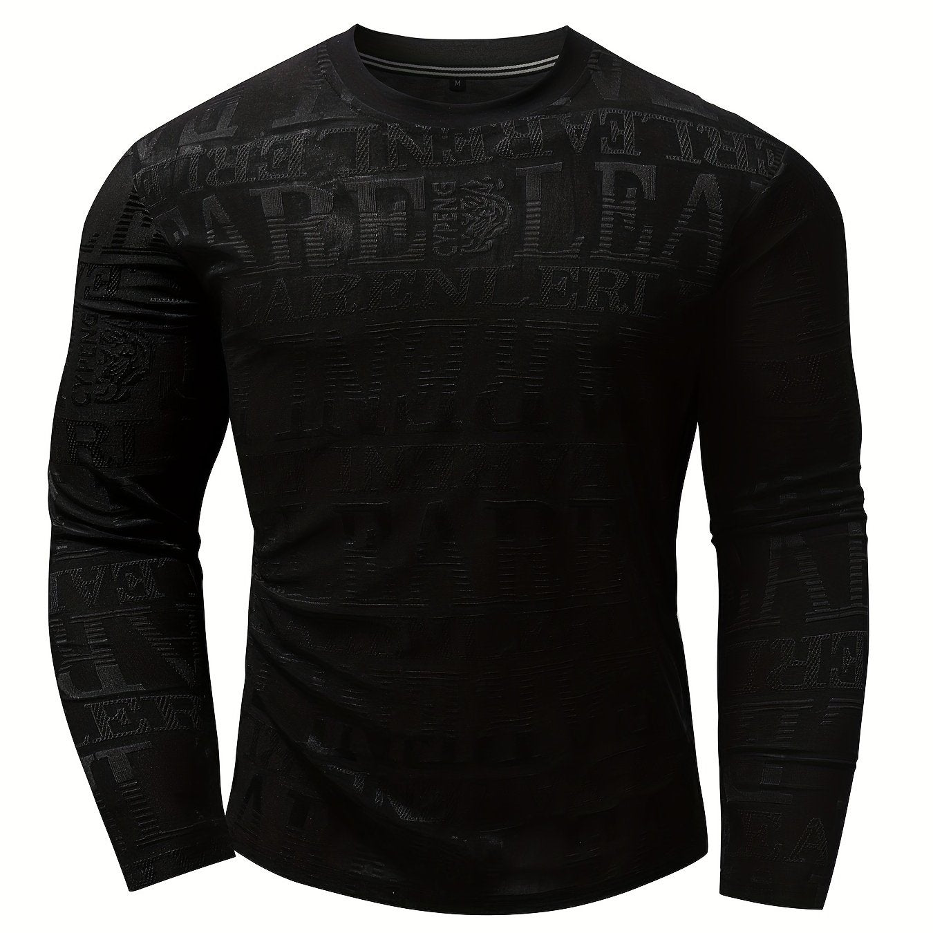 Men's Slim-Fit Casual Long Sleeve T-Shirt with Geometric Letter Design - Breathable Polyester, Machine Washable