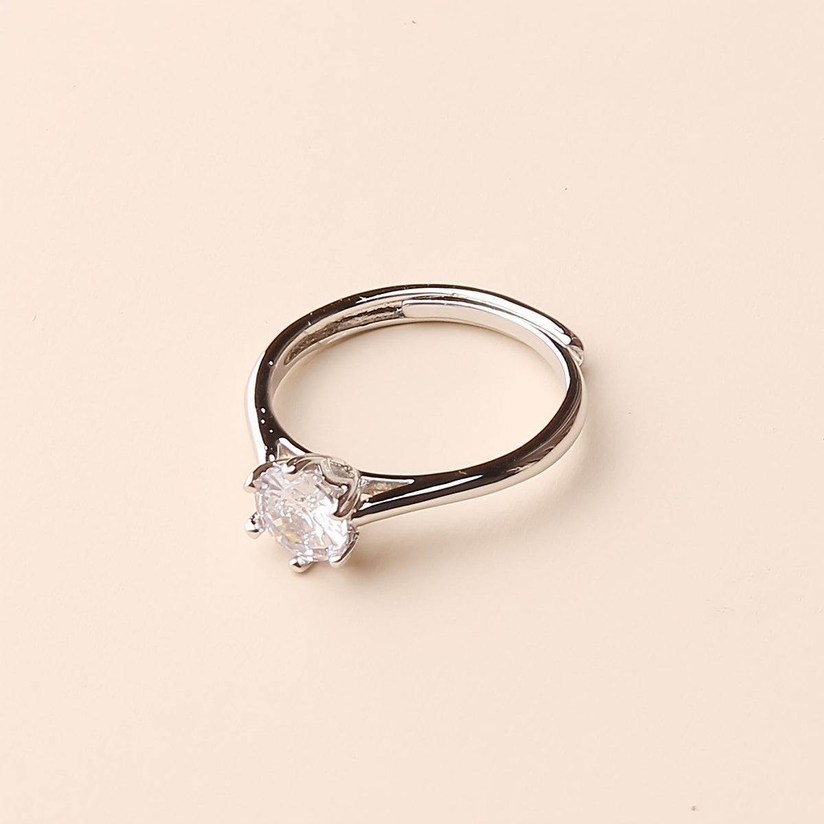 1pc Japanese & Korean Fashion Copper Ring with Six-Prong Setting - Adjustable Unisex Minimalist Design, White Golden Plated Synthetic Zirconia, Perfect for Daily Wear, Parties, Christmas & Halloween Gifts, Party Accessory, Mo