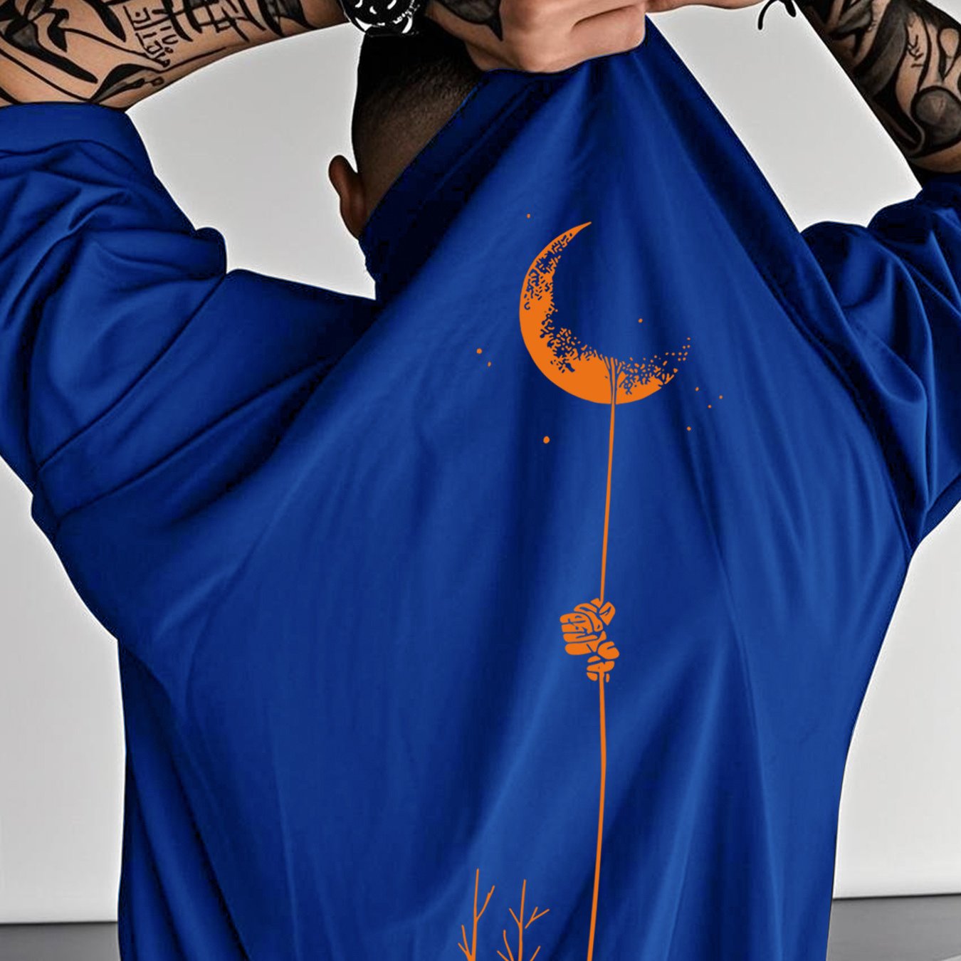 Moon and Trees Design Front & Back Graphic Crew Neck Cotton Summer Fashion Short Sleeve Casual Daily Style Top with Unique Geometric Pattern, Suitable for Spring/Summer Outdoor Activities