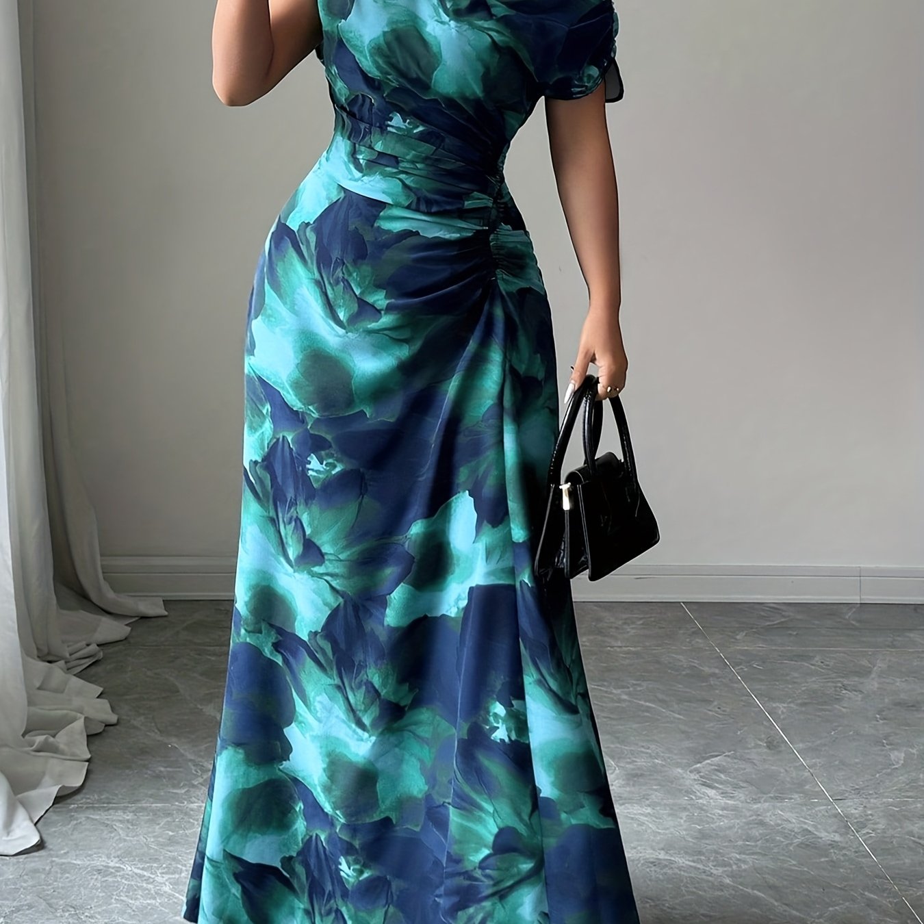 Spring/Summer Women's Dress, Elegant Off-Shoulder Waist-Cinching Business Cocktail Dress, Blue-Green Ink Wash Print Long Dress for Women WJ496