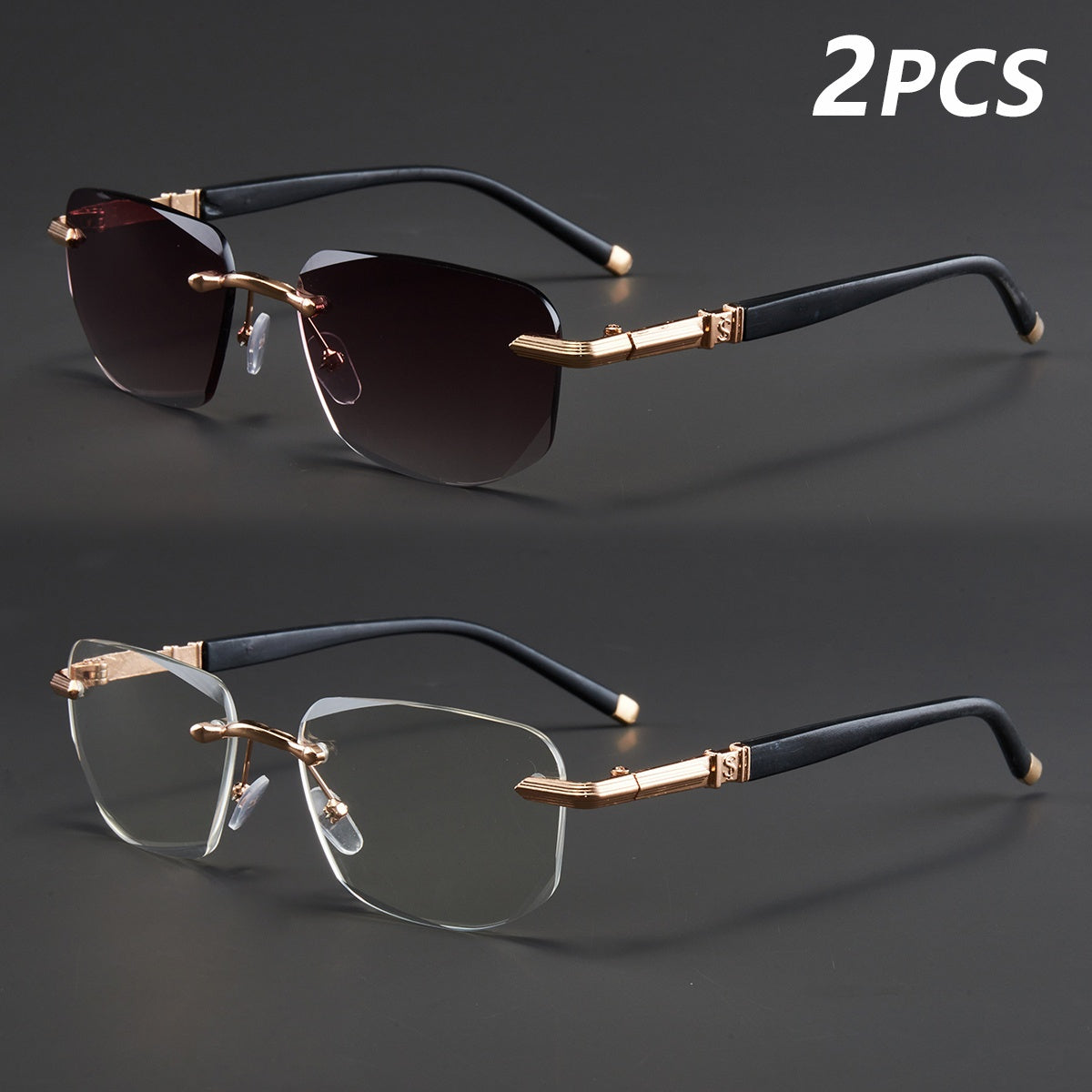 Two Pairs, Bundled Set, Stylish, Men'S, Exquisite, Luxurious, Rimless, Beveled Edge, Reading Glasses, Metal Frame, Options: 100, 150, 200, 250, 300, 350, And 400 Degrees, Without Battery, Christmas Gifts