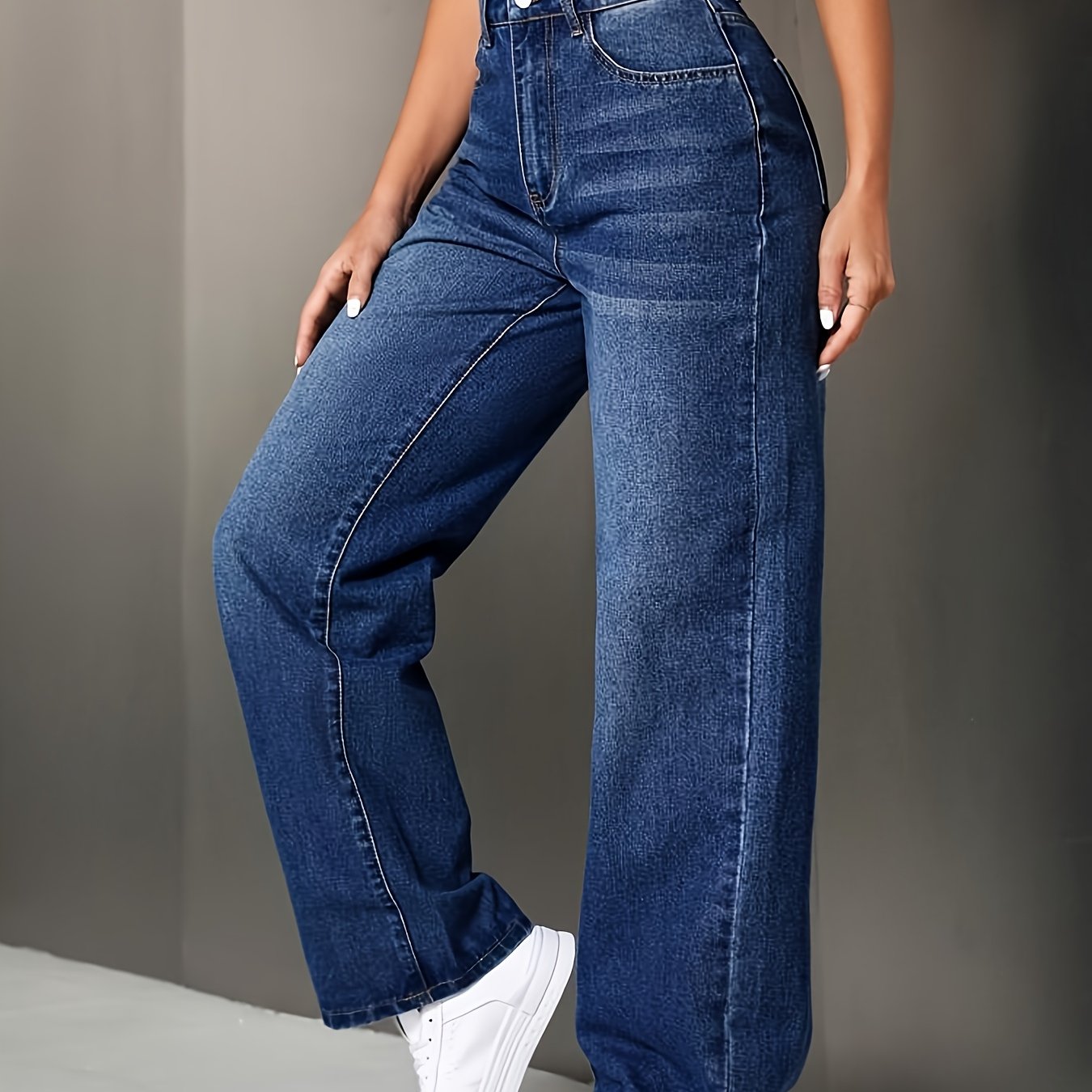 Pantalon Femme Taille Haute Jambe Large Extensible Sans Ceinture Taille Mi-Haute Jambe Droite Toute Saison Bleu Élégant