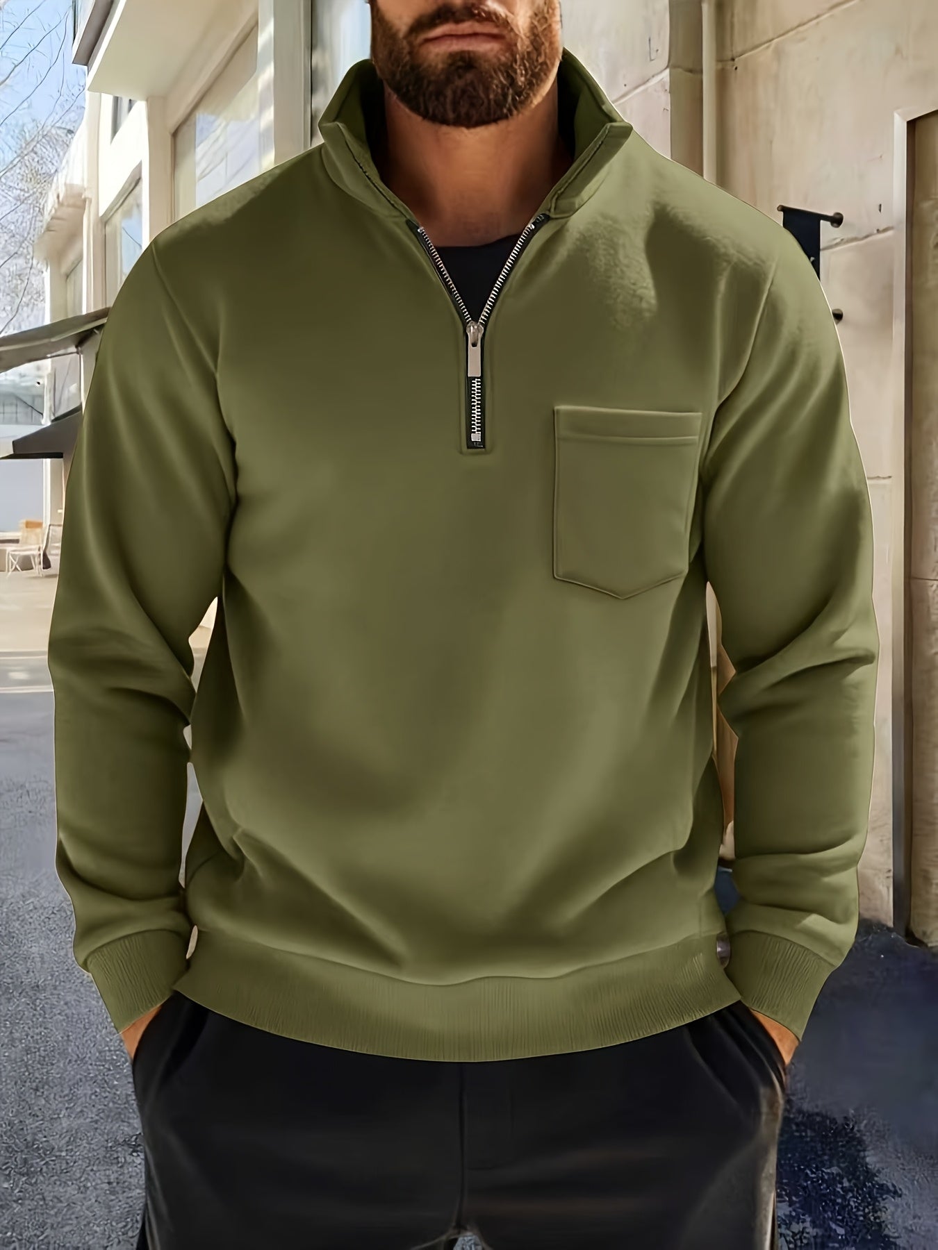 Men'S Thickened Long Sleeve Shirt - Half-Zip, Versatile Long Sleeve Turn- Collar Base Layer Top with Chest Pocket, Suitable for Autumn/Winter, Winter Clothing, Autumn Apparel, Classic Collar, Durable Fabric, Warm Material, Ba