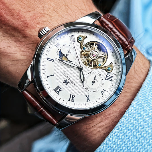 Luxury Automatic Mechanical Watch for Men - Fashionable and Versatile Casual Style - Light Luxury High-end Sun, Moon, Stars 24-Hour Function - Automatic Winding Luminous Hands - Business Demeanor Style - Gift for V