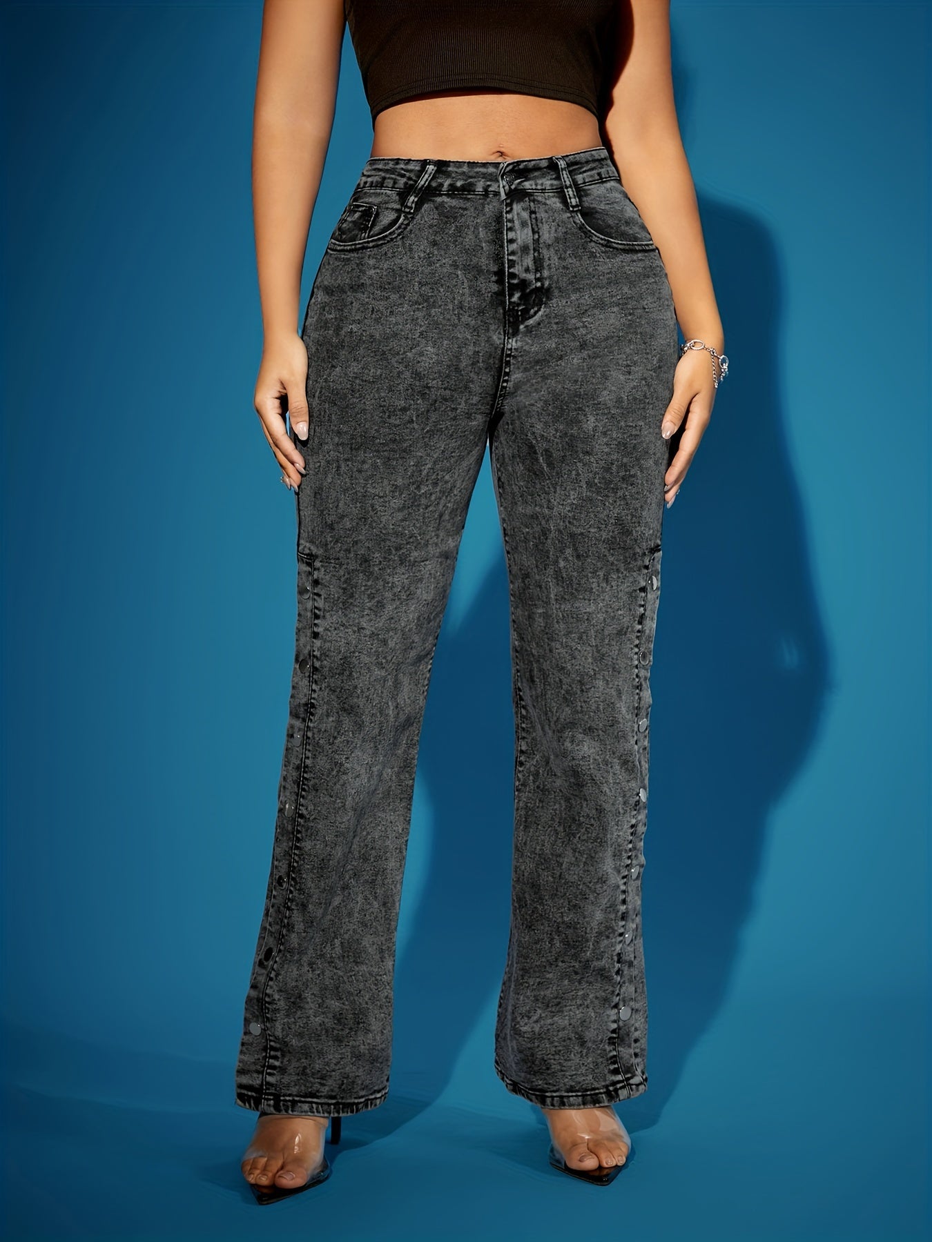 Jeans Femme Rétro Jambe Droite Boutons Frontaux