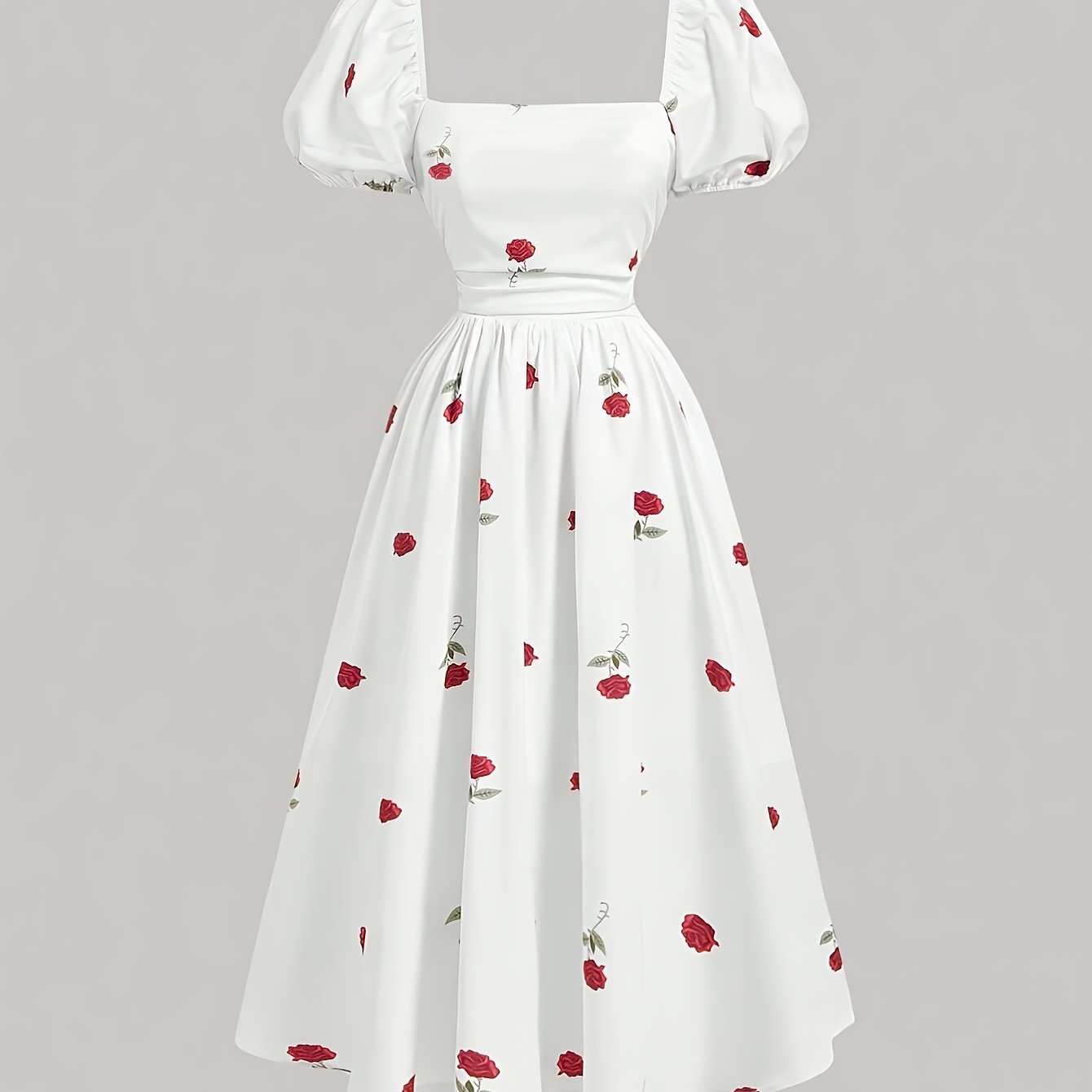 Robe élégante pour femmes à col carré – Imprimé floral, manches courtes, coupe ajustée en A, roses rouges et feuilles vertes, légère et lavable en machine, printemps/été/automne, casual à semi-formel