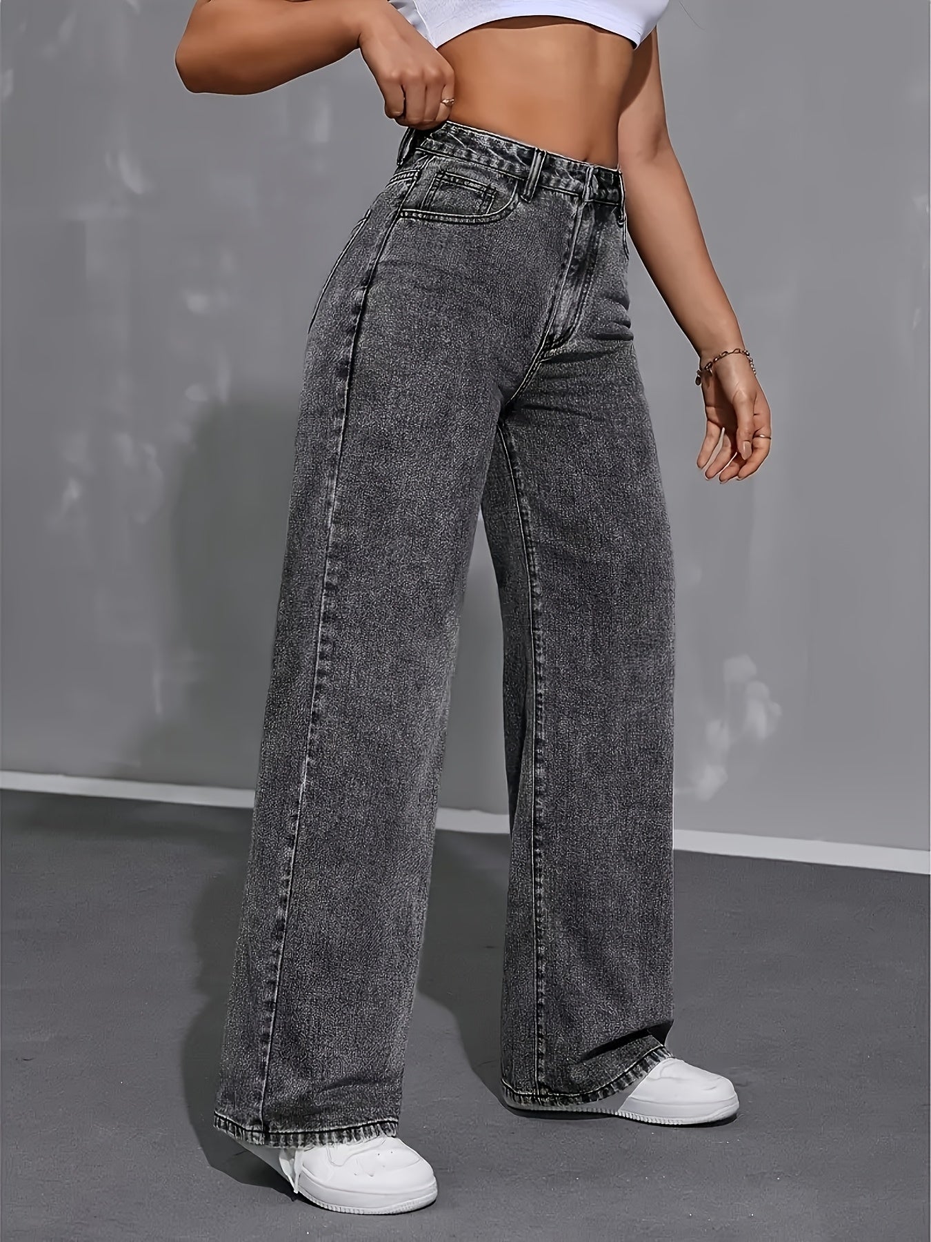 Pantalon Femme Stretch à Jambes Droites – Jean Large à Taille Haute, Finition Gris Délavé Effet Neige, Style Rétro