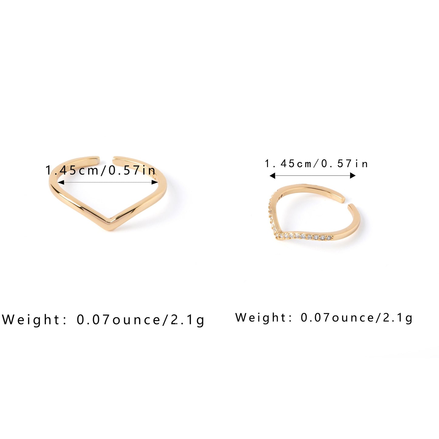 18K Gold Plated 2pcs V-Shaped Ring Jewelry Set, Fashionable Elegant Minimalist Adjustable Women's Birthday Christmas Mother's Day Valentine's Day Gift with Gift Box 726r+727r