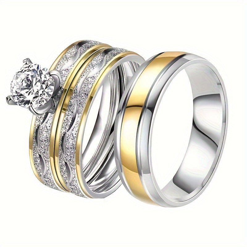 3pcs Couple Ring Set (2pcs/Set for Women + 1pc for Men) Stylish -Plated Stainless Steel Rings for Women And Stainless Steel Ring for Men, Perfect Gift for Christmas, Valentine'S Day, And Wedding Anniversaries.