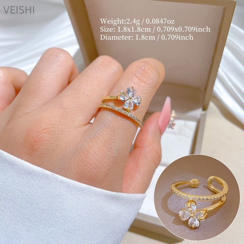 ' Lucky Flower Adjustable Open Ring - Japanese-Style Lucky Couple Ring Suitable for Daily Wear, Parties & Christmas Gifts - Minimalist Flower Motif, Year-Round Elegant for Luck & Positivity