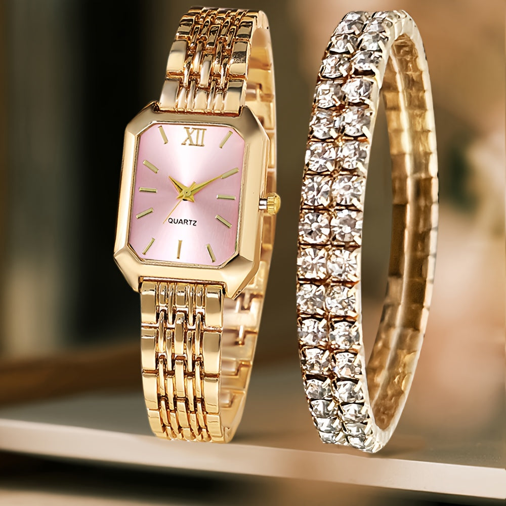 Coffret Cadeau Montre Femme – Lot de 2 Pièces Élégantes, Montre Style Classique avec Bracelet de Luxe, Cadran Rectangulaire Rétro, Bracelet Confortable en Alliage, Idéal Cadeau Famille et Amis, Parfait pour Pâques ou Tenues Décontractées