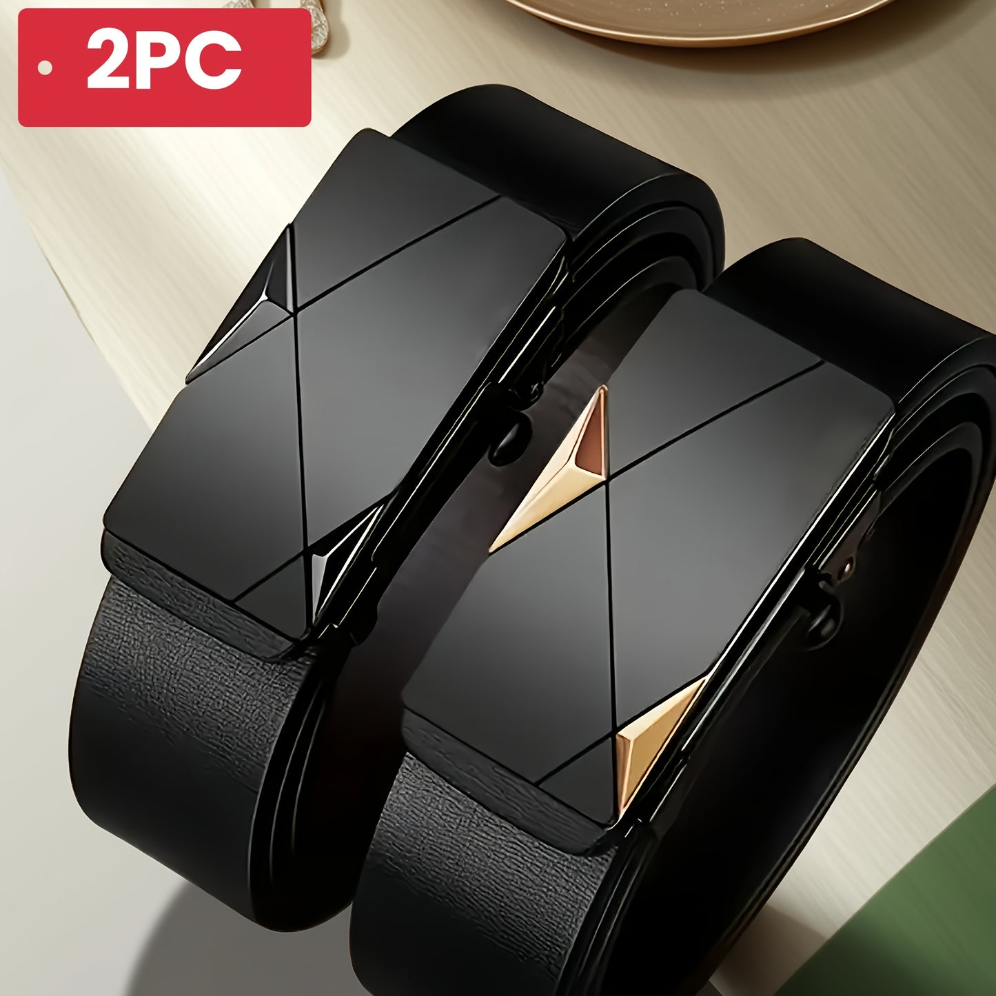 Ceinture Homme à Boucle Automatique – 1 ou 2 pcs, Motif Géométrique Noir et Doré, Style Formel et Décontracté, Cuir Synthétique, Fermeture Simple, Parfaite pour Mariage, Soirée et Usage Quotidien, Accessoire Luxe Minimaliste