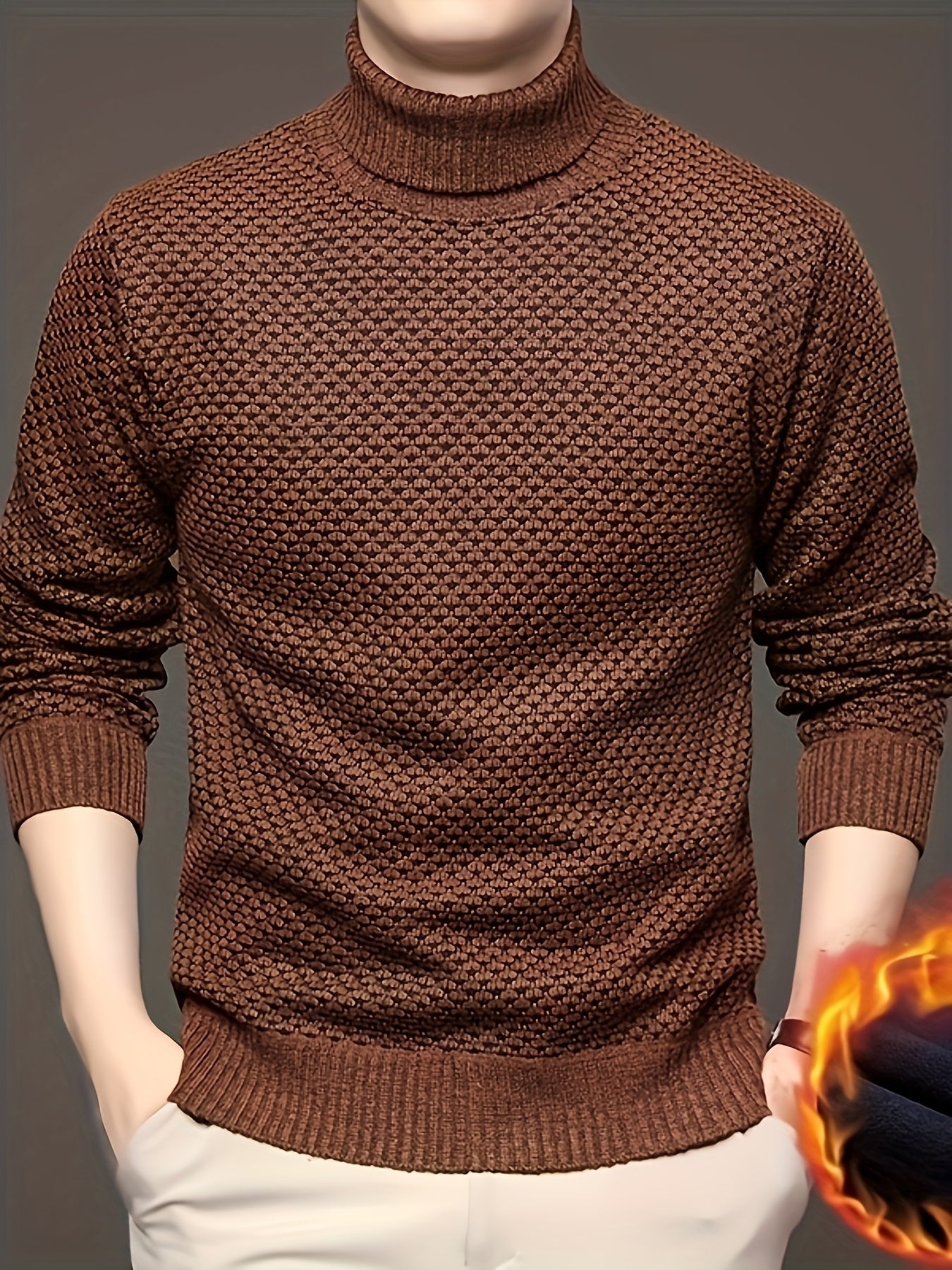 Men'S Autumn Jacquard Knit Sweater with a High Collar, Stylish And Fleece-Lined.