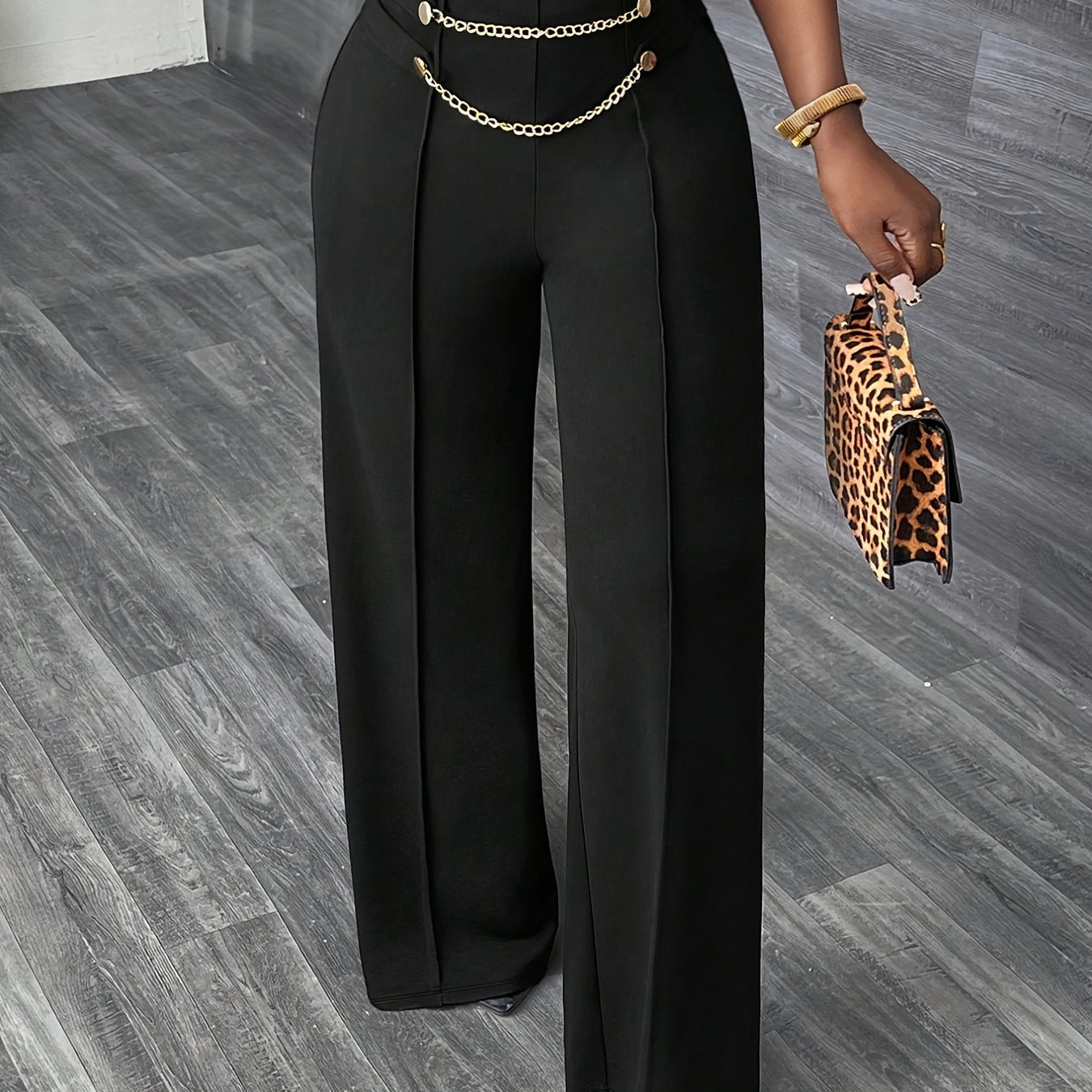 Pantalon Femme Élégant Jambe Droite – Noir, Taille Haute avec Chaîne Dorée et Fermeture Zippée, Grande Taille, Bureau et Décontracté