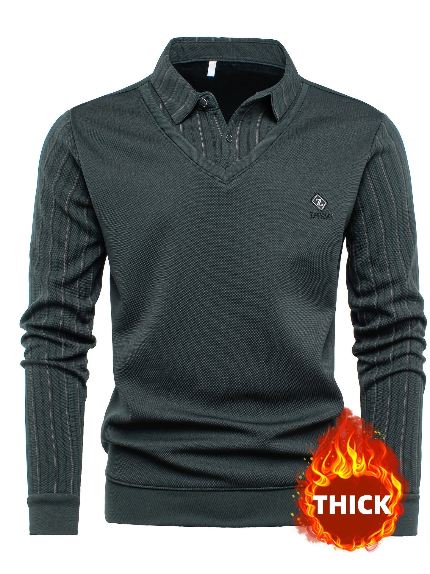 New Autumn And Winter Plush Men'S Long-Sleeved Fake Two-Piece Vest Design, Diamond-Shaped Decorative Stickers on The Chest, Pinstripe Lining, Soft And Warm for Daily Travel, Casual And Versatile, Light Business Fashion Lapel