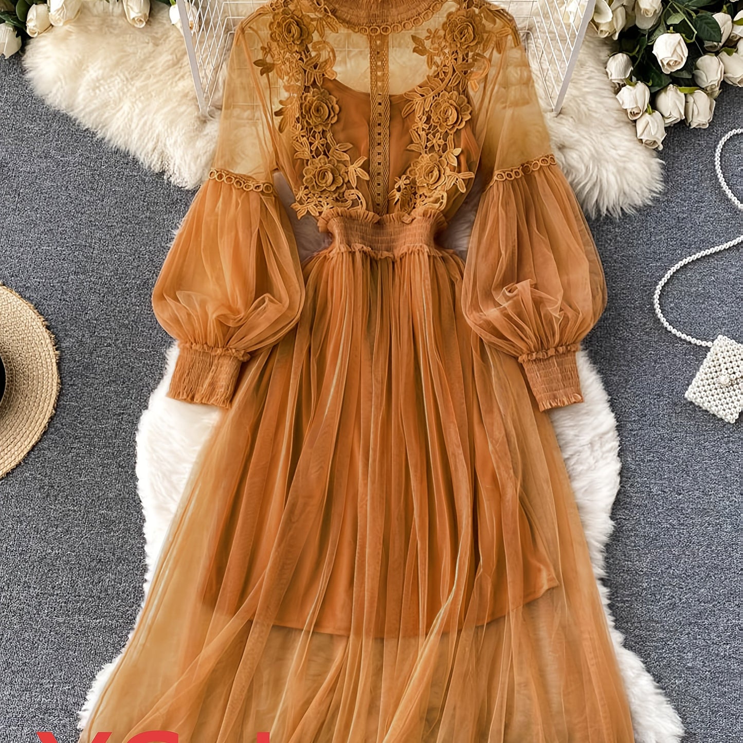 Ensemble Robe Élégante Femme – Blouse Transparente Brodée Florale avec Manches Lanternes, Jupe Longue Fluide, Débardeur en Dentelle, Idéal Printemps/Été/Automne, Cadeau Luxueux pour Femme