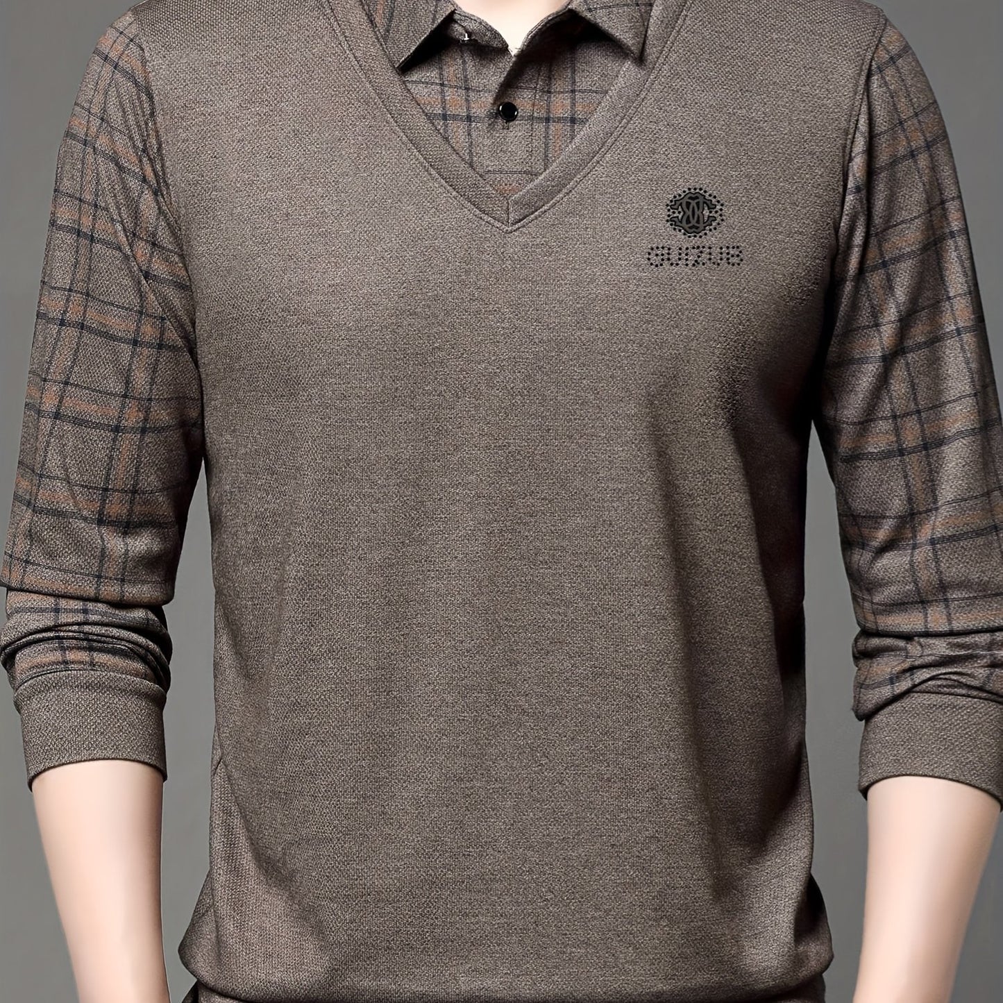 New Men'S Long-Sleeve Faux Two-Piece Polo Shirt for Spring And Autumn, Featuring a Checkered Inner Layer, Perfect for Casual Daily Wear And Light Business Attire During The Spring And Autumn Seasons, a Great Gift for Men.