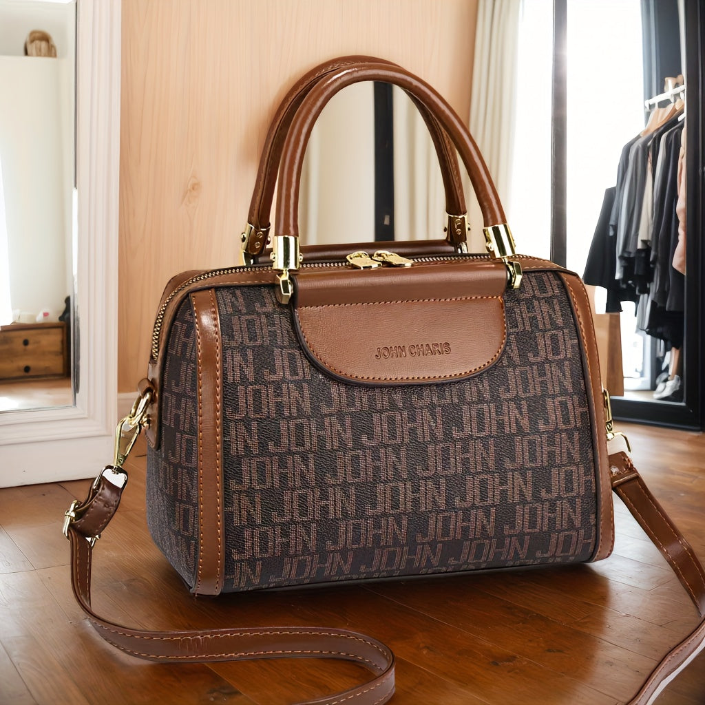 Sac à main synthétique de luxe pour femme – Boston bag marron élégant, hardware doré, bandoulière réglable, intérieur spacieux