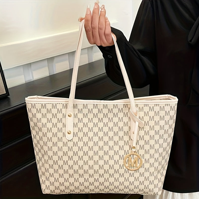 Sac à Main Femme Élégant– Sac Cabas avec Bandoulière Chaîne Dorée et Logo « M », Cuir Synthétique, Motif Pied-de-Poule en Marron Clair/Blanc/Noir, Fermeture Éclair, Doublure en Polyester