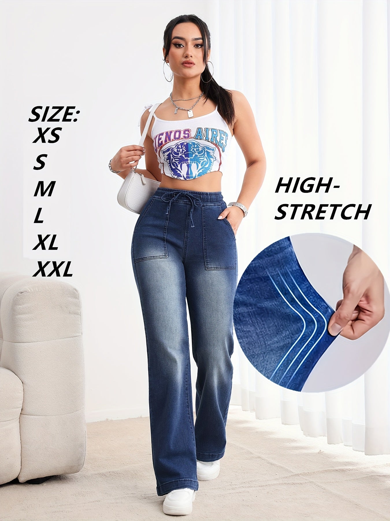 Jeans Femme Denim Doux Stylé Extensible Jambe Droite Poches Multiples Confort Quotidien Slim-Fit