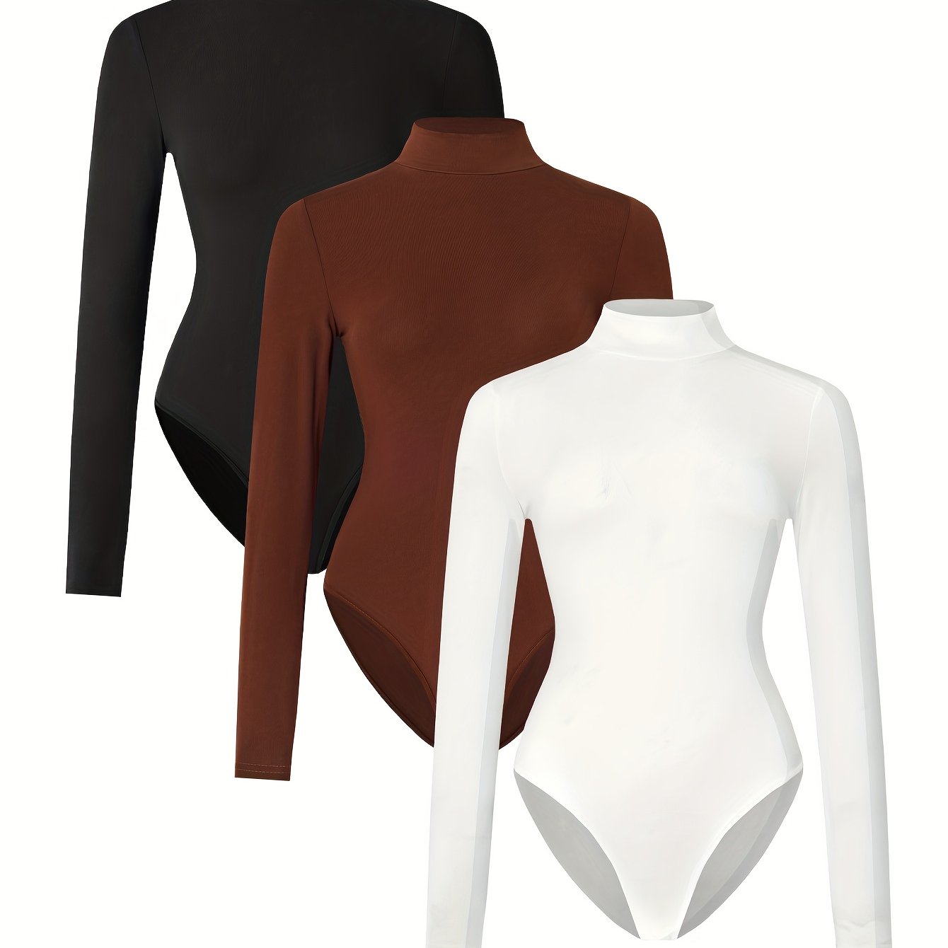 Lot de 3 hauts femme – col montant, manches longues, coupe slim, t-shirts extensibles semi-transparents, noir, marron et blanc, essentiels pour superposition casual, design minimaliste, confortables et polyvalents