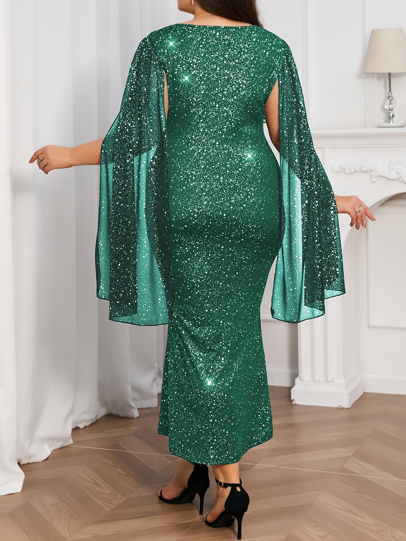 Plus Size, Women's Plus Size Elegant Shiny Party Dress with Sparkling Sequin & Star Print - Mermaid/Trumpet Silhouette Floor-Length Formal Evening Gown, Machine Washable for Prom, Galas & Special Occasions - Round Neckline, H