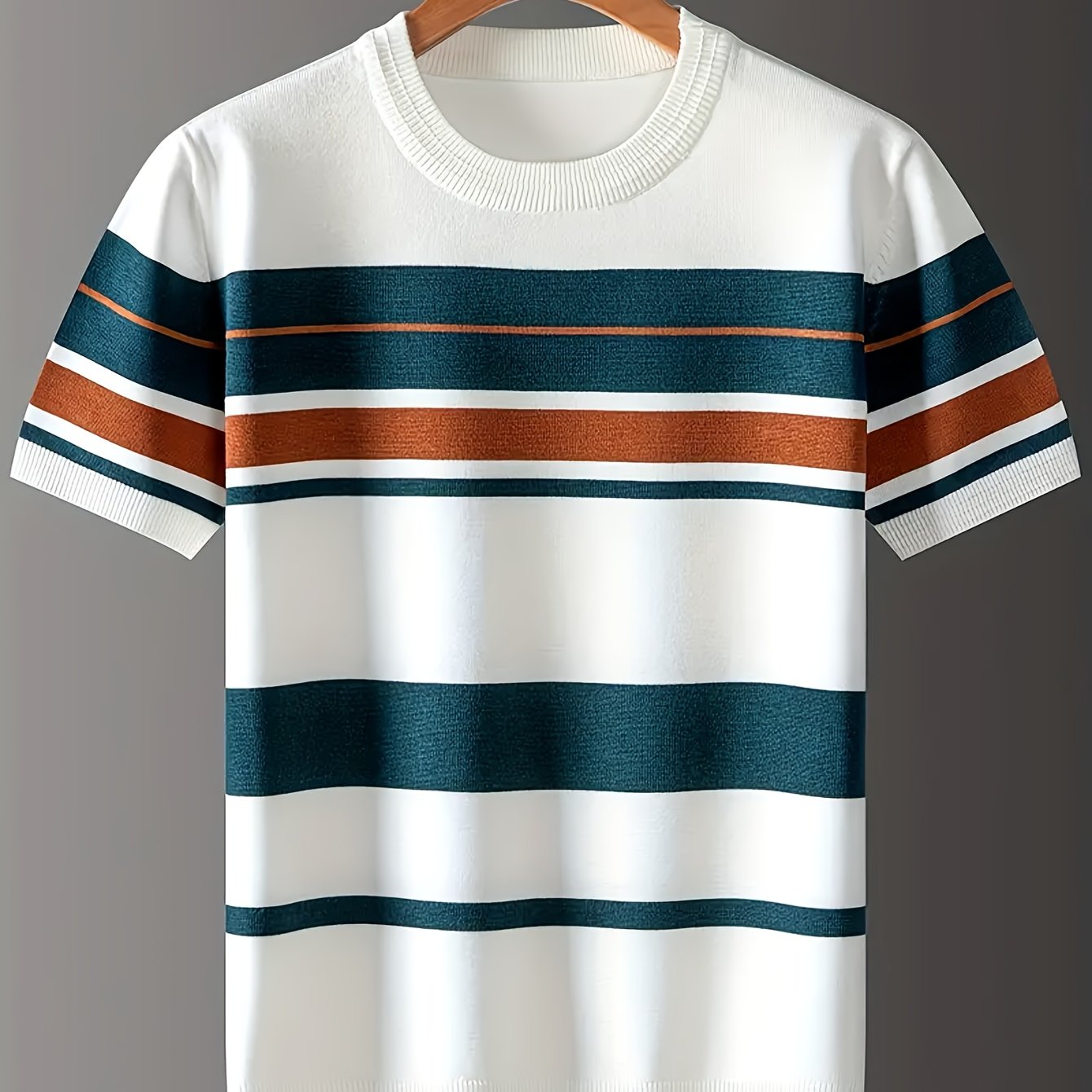 New Men'S Short-Sleeve Knitted T-Shirt for Summer, Trendy Brand with a Round Neck, Stylish Casual Striped Tee, Fashionable Men'S Clothing.