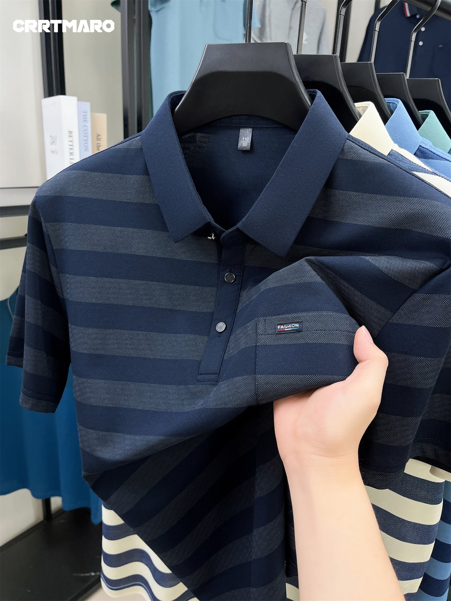 Men'S CRRTMARO Summer Striped Short Sleeve Polo Shirt with Chest Pockets - Casual, Button-Up, Regular Fit, Slight Stretch Fabric, Ideal for Hot Weather, Casual Summer Wear|Striped Pattern|Polyester Fabric