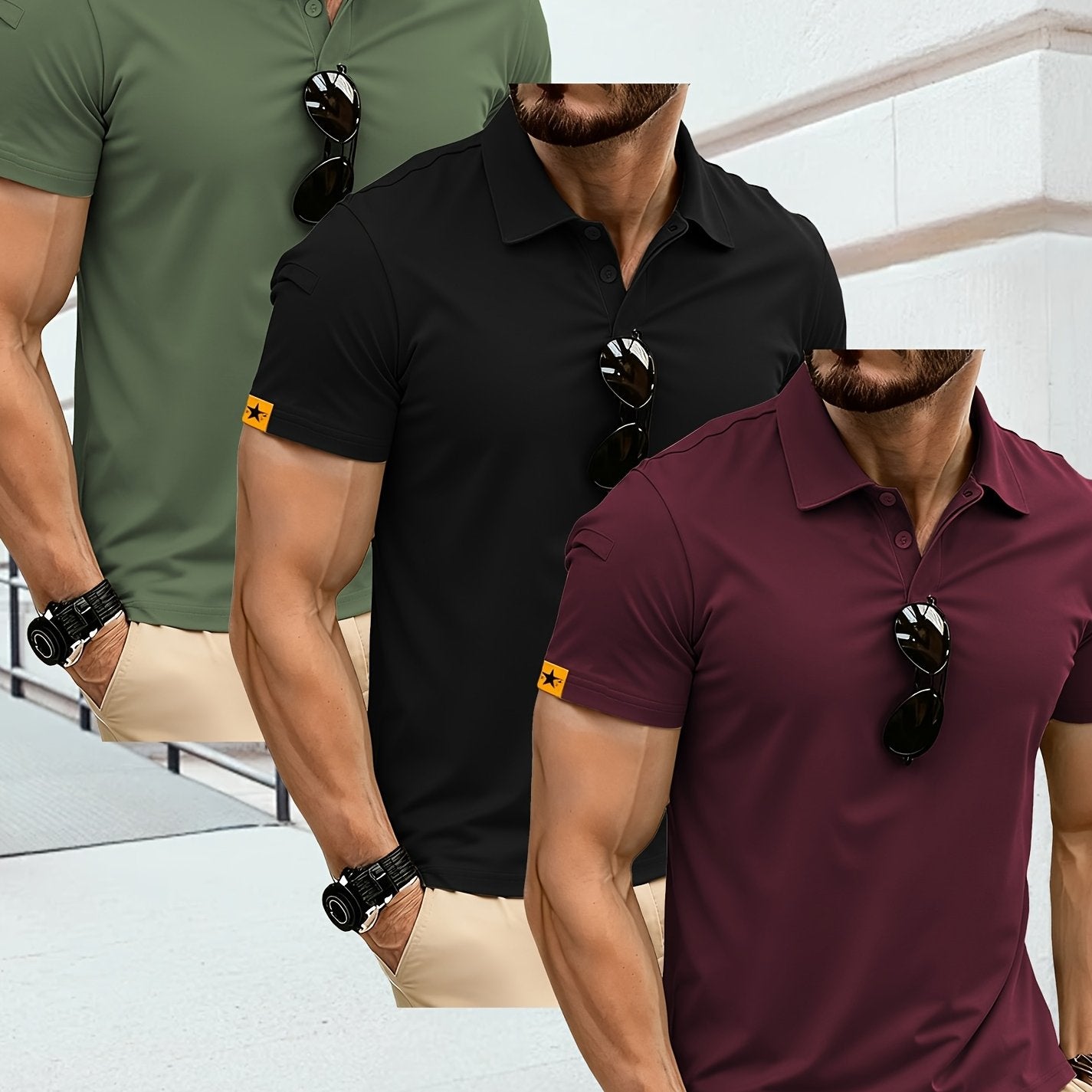 3pcs Men'S Plus Size Polo Shirts - Casual Short Sleeve, Button-Up Collar, Geometric Pattern, Regular Fit, Spring/Fall Sportswear, Golf & Tennis, Plus Size T-Shirts, PLUS SIZE, Men Polo Shirt High Quality, Men Plus Size Clothi