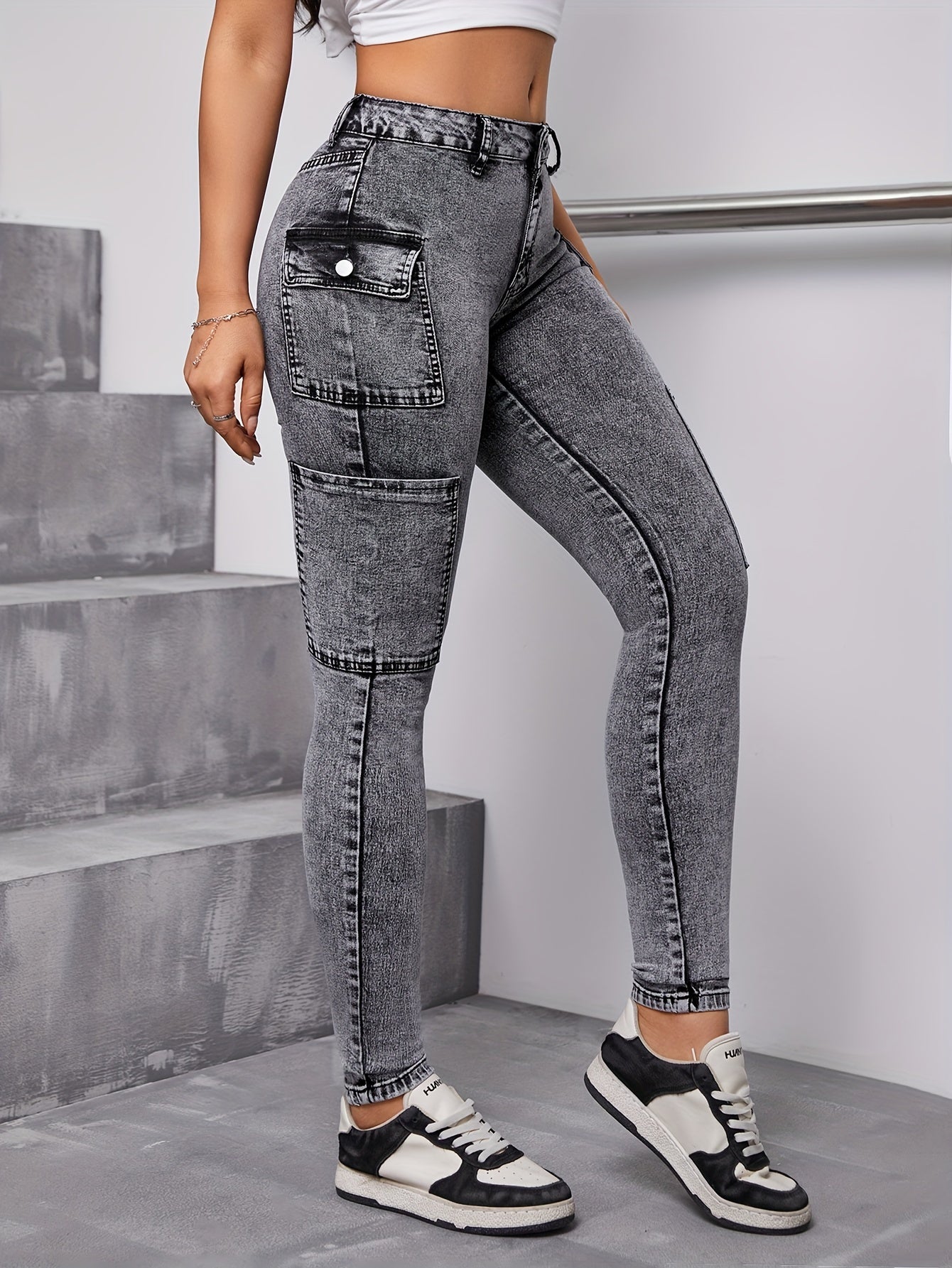 Jeans Femme Gris Style Snowflake Extensible Slim Polyvalent