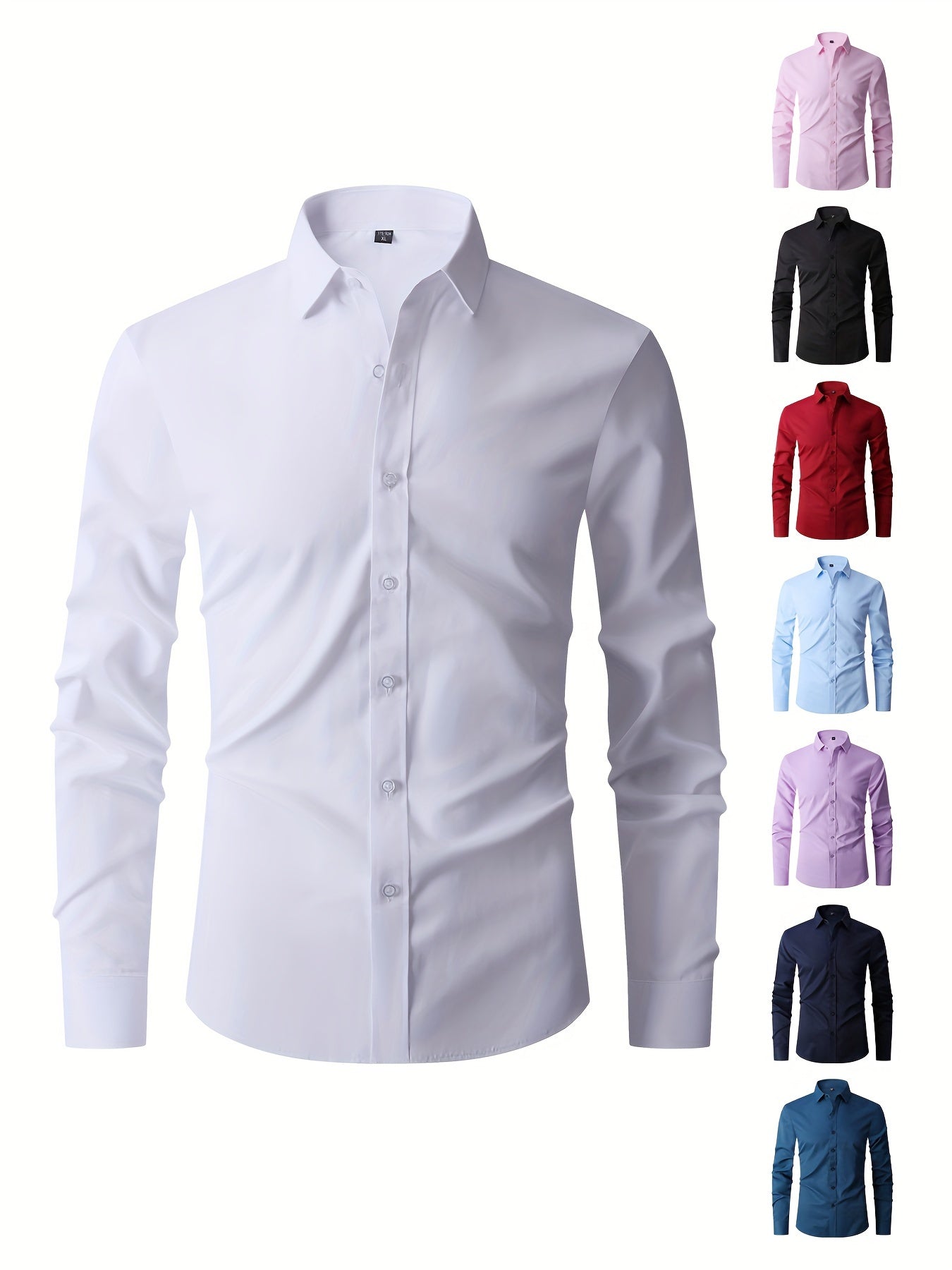 Men'S New Long-Sleeve Shirt, Slim Fit for Young Adults, Business Casual White Shirt in Solid Color, Available in Large Sizes.