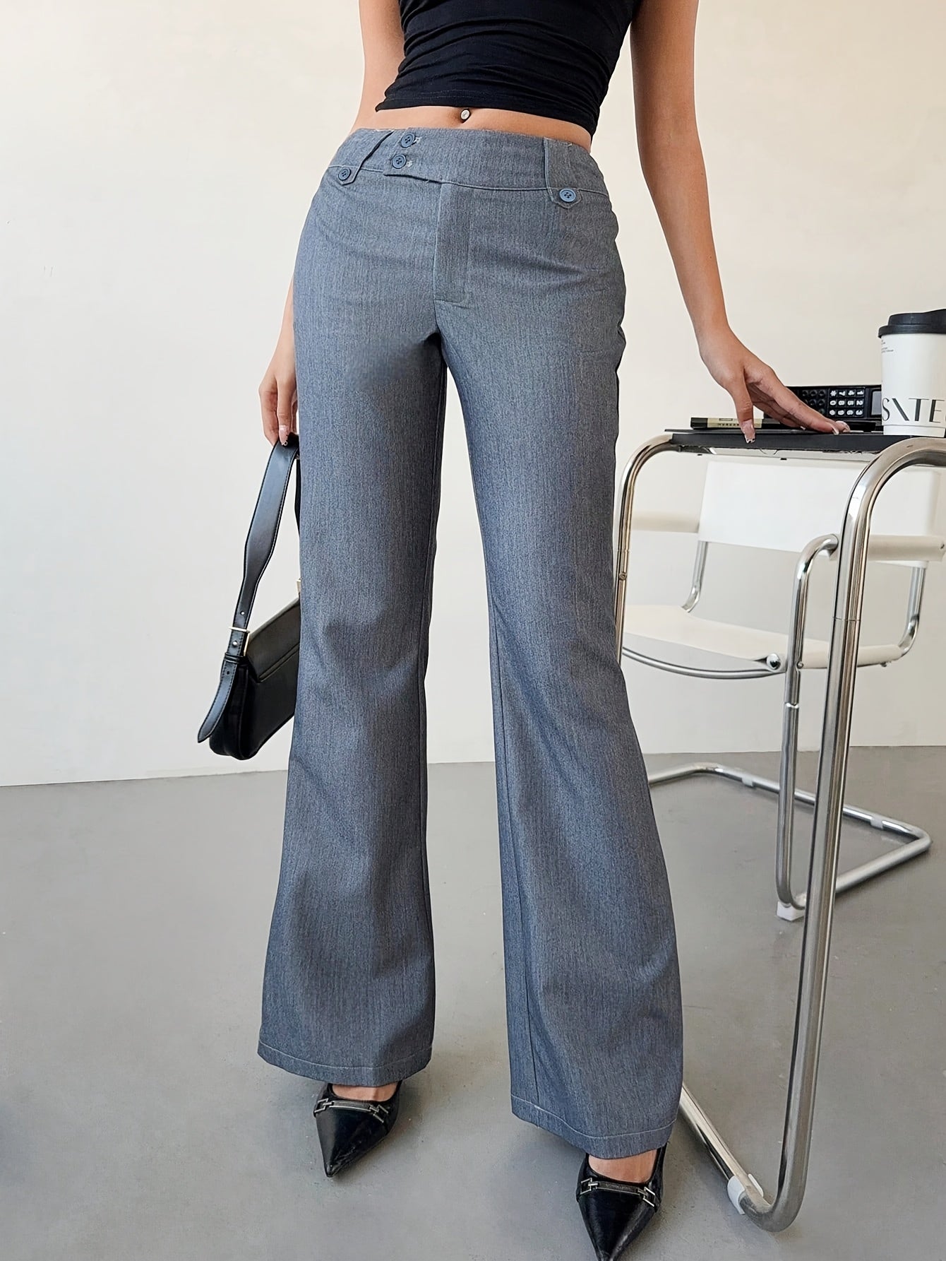 Pantalon Femme Taille Basse Évasé – Bureau et Décontracté, Boutons, Tous Saisons, Élégant et Polyvalent