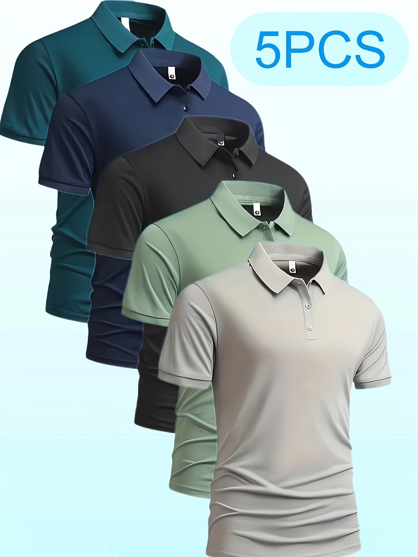 5pcs Men'S Polo Shirts - Elegant Solid Color, High-Quality Fabric, Short Sleeve, Button-Up Collar, Regular Fit, All-Season Wear for Business, Travel, Work, Dates, Home & Golf, Golf Attire | Stylish Polo Set | Durable Fabric
