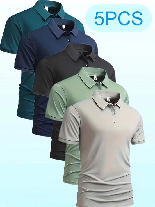 5pcs Men'S Polo Shirts - Elegant Solid Color, High-Quality Fabric, Short Sleeve, Button-Up Collar, Regular Fit, All-Season Wear for Business, Travel, Work, Dates, Home & Golf, Golf Attire | Stylish Polo Set | Durable Fabric