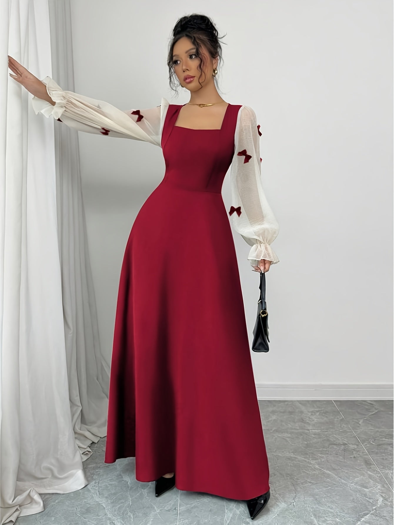 Robe élégante femme rouge bordeaux – manches bouffantes, col carré, nœud à la taille, coupe A-line longue, formelle pour soirées et mariages, lavable en machine, toutes saisons, adaptée aux talons courts ou chaussures plates